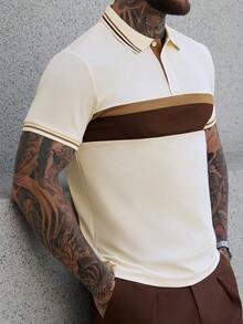 Manfinity CasualCool 男士条纹图案纽扣休闲短袖Polo衫 - 奶油色 - 查看 3