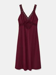 lacRébo Burgundy Summer Elegant Party Fitted Midi Dress,Lace Trim V Neckline Front Cut Out Sleeveless Design, French Style Parisian Vacation Outfit - Purple - View 8