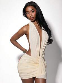 Amplova Mẫu đầm mini ôm sát cơ thể cổ thấp thắt nút xoắn mới năm 2026 dành cho nữ. - Màu be - Xem 6