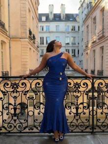 SHEIN MOD Große Größen Elegantes marineblaues Kleid mit einem Schulterausschnitt für Damen, Partykleid, elegantes Kleid mit einem Schulterausschnitt, königsblauer Abendkleid, elegante und klassische blaue Kleider, Weihnachtskostüm, Sommerkleid, Winterkleidung für Damen, Silvesterkleid, Partykleid, luxuriöse Abendkleider für Damen - marineblau - Übersicht 8