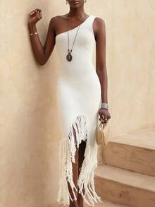 Vesra Women's Sleeveless Asymmetric Fringe Hem Fitted Sweater Dress - Apricot - View 4