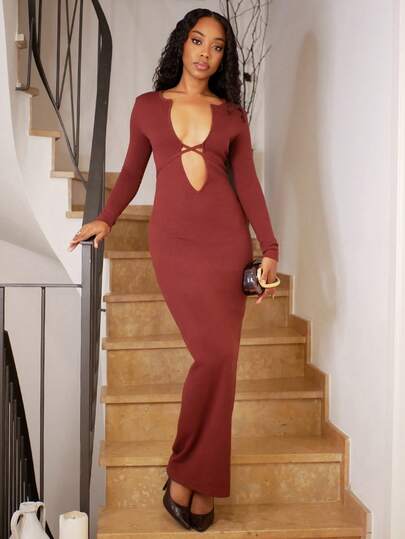 Yess Loren New Sexy Deep V Criss-Cross Strap Decor Long Sleeve Fitted Slim Long Sweater Dress In Fall/Winter