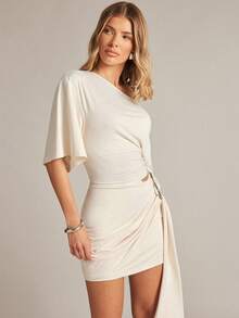 Hauture Women's Boat Neck Draped Buckle Detail Stretch Knit Dress - Apricot - View 5
