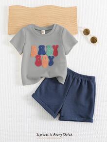 Cozy Pixies 2pcs Baby Boy Letter Pattern Knit Soft Crew Neck Short Sleeve Top And Elastic Waist Shorts Set,Kids - Multicolor - View 3