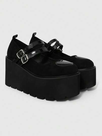 ROMWE Grunge Punk Women Shoes Fashionable Platform Shoes, Retro Round Toe Buckle Front Row Love Decoration, Casual Vacation Nightclub Party Commuter Office