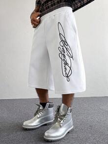 PAVTROS 男士 2 合 1 腰帶英文簽名刺繡寬鬆短褲，淺灰色寬腿運動褲，黑白配色，夏季街頭風城市度假穿搭 - 彩色 - 查看 4