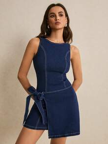 Poéselle Women's Round Neck Side Knot Asymmetric Hem Casual Sleeveless Denim Dress - Blue - View 4