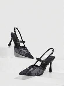 CUCCOO SZL Black Lace Net Fabric French Style Peep Toe High Heel Sandals, Suitable For Dresses, Autumn - Black - View 2