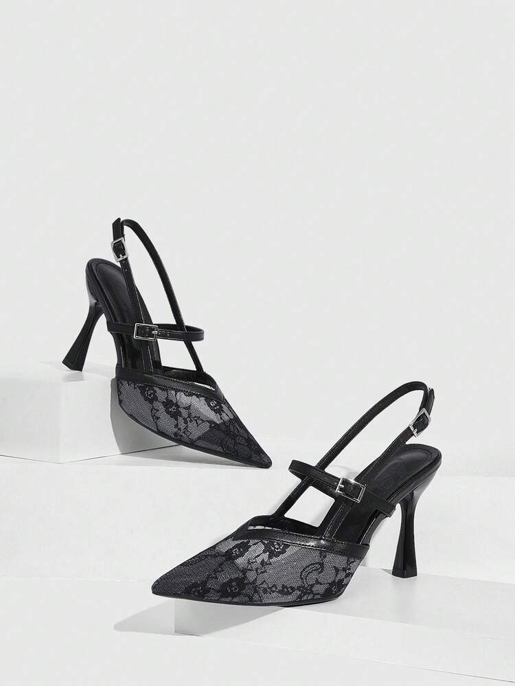 CUCCOO SZL Black Lace Net Fabric French Style Peep Toe High Heel Sandals, Suitable For Dresses, Autumn Prom Heels