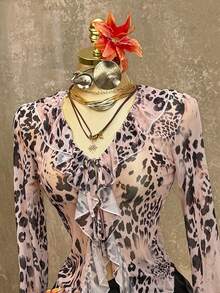 INAWLY Women's Fashion Leopard Print Ruffle Trim Long Sleeve Top - Khaki - View 3