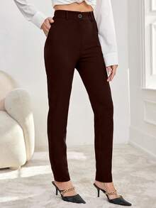 SHEIN Cottnline Solid Slant Pocket High Waist Suit Pants - Brown - View 4