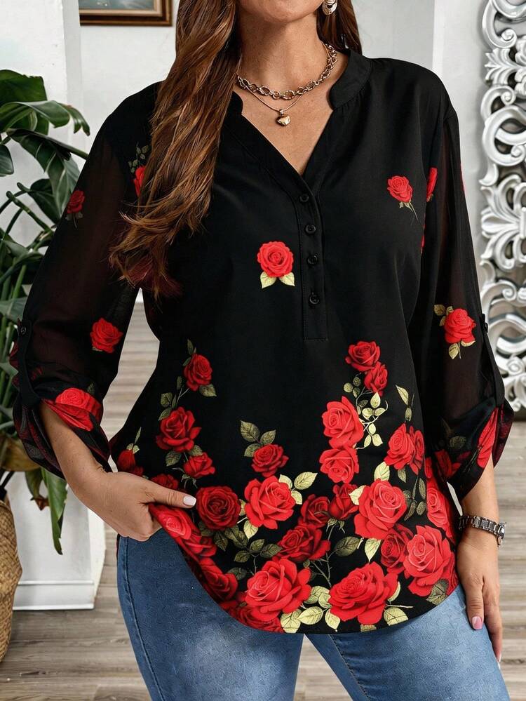 Plus Size Casual Rose Print Shirt/Summer/Vacation Half Button Beach Blouse Formal Attire New Arrival Blouse Women's Tops And Blouses Plus Size Shirts For Women Summer Outfits For Women Beach Outfit For Women Casual Vacation Outfits Women Country Concert Outfit Peplum