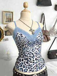 Lalippa Camiseta de mujer con encaje, estampado de leopardo y parches, de verano - Multicolor - Ver 1