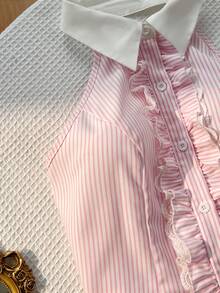 Elamini Women's Sleeveless Striped Ruffle Hem Casual Summer Tank Top And Mini Skirt 2 Pieces Set - Pink - View 5