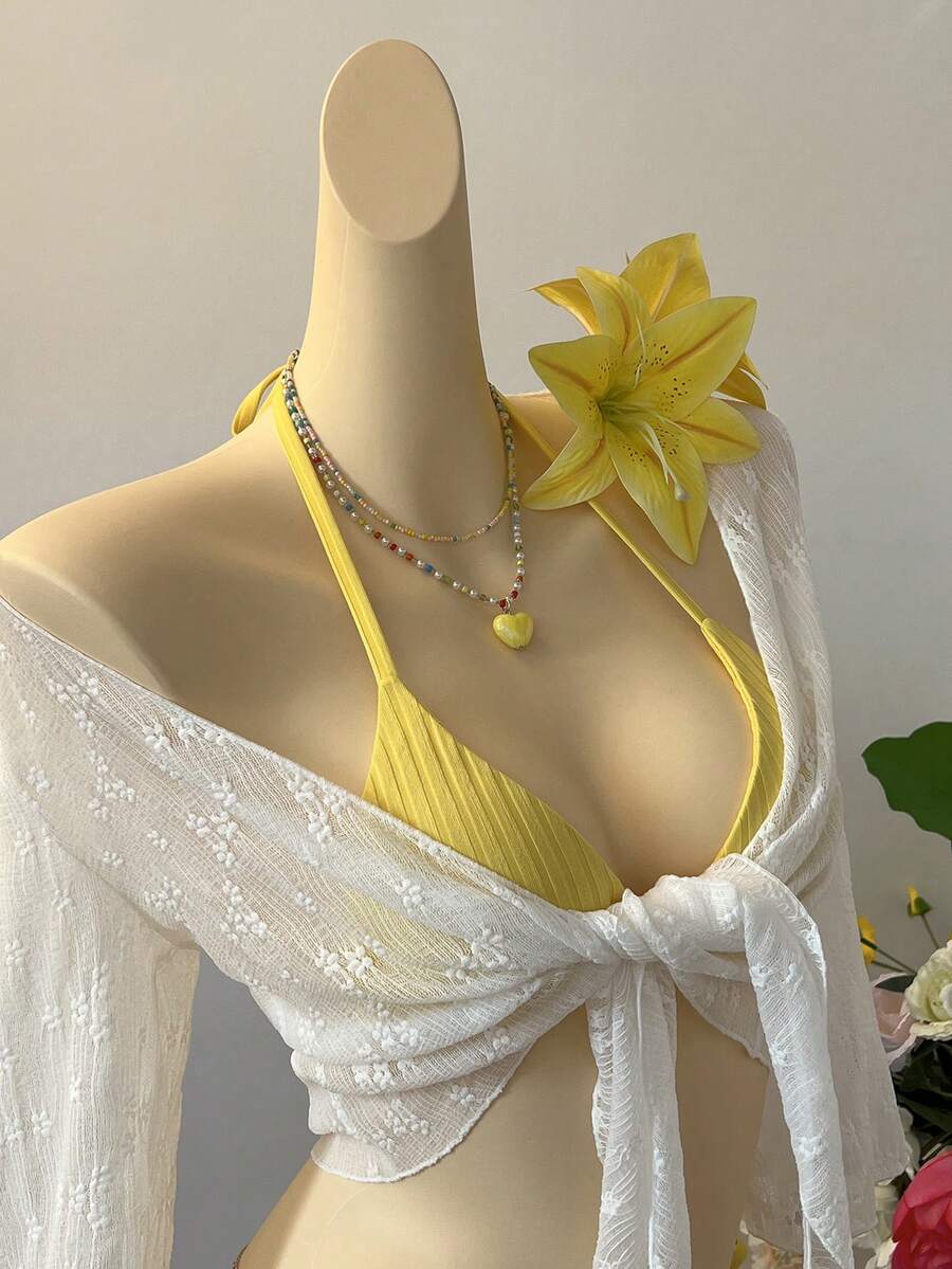 SuriyaCove Women's Spring/Summer Beach Vacation Textured Fabric Front Twist Cropped Top - Beige - View 1