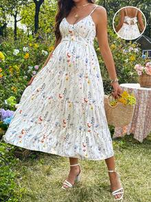 SHEIN Vestido de tirantes casual con estampado floral y volantes para maternidad - Albaricoque - Ver 3