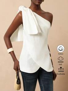 Vesra Áo sơ mi nữ kiểu dáng thường ngày với dây đeo vai, thiết kế cổ áo xéo và túi giả. - trắng - Xem 1