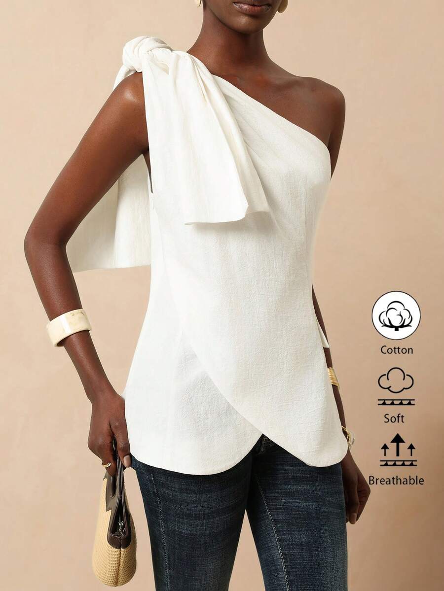 Vesra Áo sơ mi nữ kiểu dáng thường ngày với dây đeo vai, thiết kế cổ áo xéo và túi giả. - trắng - Xem 1