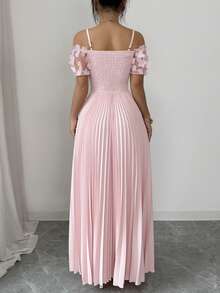 Elenzga 女士春夏新款优雅浪漫法式甜美纯色连衣裙，高端3D立体花卉设计，褶裥收腰A字裙，粉色露肩款 - 粉色 - 查看 2