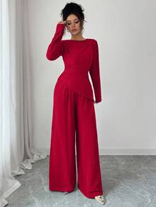 Rafferiza 2件套女士纯色褶边不对称下摆长袖套装 - 紅色 - 查看 7