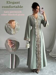 Rafferiza Petite 女士宽松V领荷叶边长袖长袍，土耳其长袍，阿拉伯长袍 - 綠色 - 查看 4