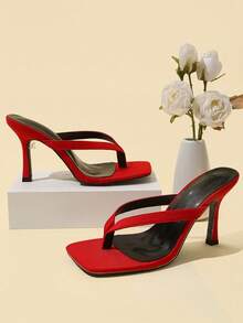 Glamine Women's Classic Minimalist Striped Thong High Heel Sandals - Red - View 3