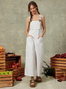 WESTFADE Floral Jacquard Straps Lace Pocket 100 Cotton Relaxed Flared Leg Overalls, All White, Boho Cottage Core, Casual, Picnic, Western Rodeo Nashville - Apricot - View 3
