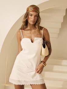 Aralina Damen Popeline Passform und Ausgestelltes A-Linien Minikleid mit Lochstickerei Saum, Strandkleid, elegantes Urlaubskleid, Alltagskleid, süßer Landhausstil, Frühlingskleider für Damen, elegante Kleider für Damen, Hochzeitsgast Kleid, Damen Urlaubsoutfits, Damenkleid - Weiss - Übersicht 5