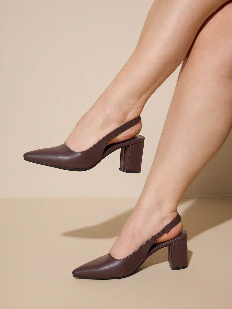 CUCCOO CURVES 女鞋 宽楦尖头粗跟高跟鞋 棕色后跟带 时尚舒适 日常通勤百搭 加厚女式高跟鞋 女鞋 大码女鞋 - 咖啡棕 - 查看 1