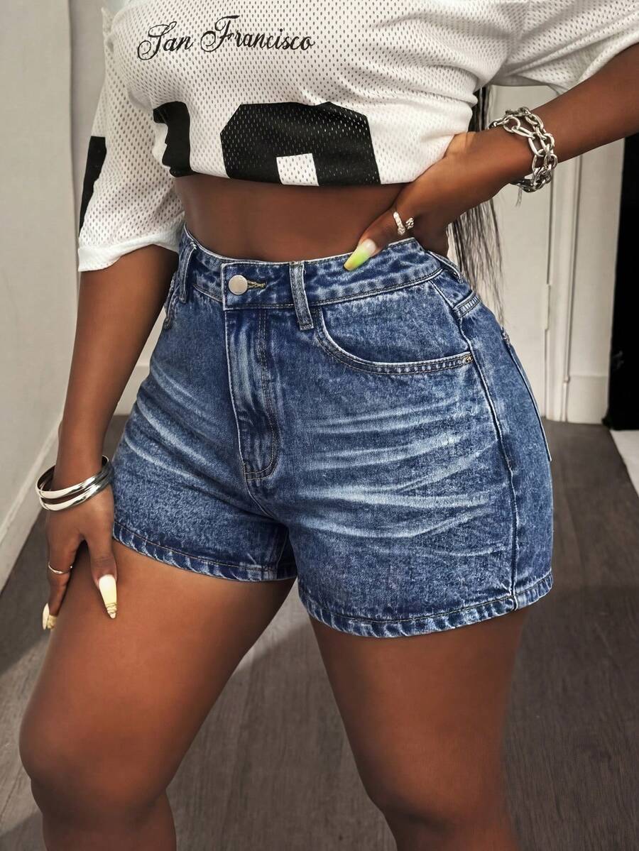 Slaydiva Shorts vaqueros casuales de cintura alta con bolsillos y contraste de color para mujer - Azul lavado oscuro - Ver 1