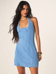 MISSGUIDED Đầm ngắn denim màu xanh nhạt dành cho nữ, cổ yếm, không tay, ôm sát cơ thể, thích hợp cho mùa hè, dự tiệc, có khóa kéo phía sau. - Màu xanh lam - Xem 4