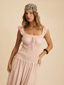 Aralina Robe longue évasée femme à encolure carrée, manches volantées, taille froncée et resserrée à la taille. Robe de mariage pour invitée, robe d'événement, robe de remise des diplômes, robe d'été, couleur rose - Rose pâle - Voir 5