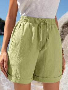 Sylviya 松紧腰带卷边斜插口袋休闲短裤夏季绿色纯棉女式短裤 - 綠色 - 查看 5