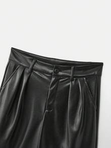 lacRébo Shorts bermudas de cintura alta de piel sintética negra con pliegues a medida y ajuste relajado, estilo moderno y elegante para primavera y verano, estilo francés y parisino - Negro - Ver 9