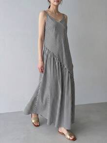 EMERY ROSE Women's Casual Striped Asymmetric Hem Dress, Summer - Black and White - View 5