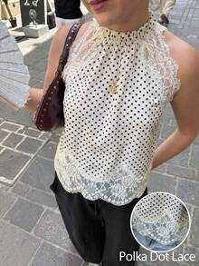 Serisse 女士波点印花蕾丝拼接吊带上衣，夏季法式黑白波点蕾丝荷叶边无袖吊带衫，精致蕾丝镂空设计，日常穿着、咖啡馆、朋友聚会、夏季上衣、海滩度假、派对上衣、外出上衣、优雅女士衬衫、休闲女士衬衫、波点上衣、白色上衣 - 米色 - 查看 3