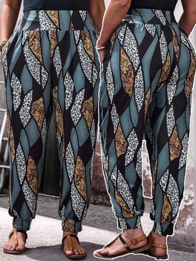 EMERY ROSE Plus Size Women's Comfortable Printed Drawstring Pants, Suitable For Summer, Spring, Indoor Leisure, Outdoor Vacation,Spring Clothes Women,Summer Outfits,Vacation Outfits Women,Casual Outfit For Women ,Beach Vacation Outfits For Women