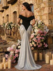 Glamrae 优雅奢华黑白缎面拼接涂层面料不对称露肩落肩褶皱鱼尾下摆正式晚礼服 - 黑與白 - 查看 3