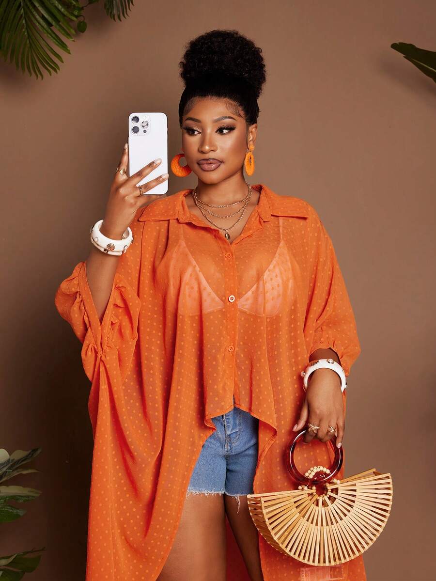 Maweii Plus Size Women's Solid Color Single-Breasted Casual Versatile Daily Wear Shirt - Orange - View 1