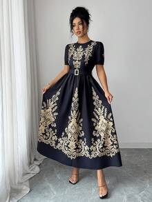 Rafferiza Women Summer Black Gold Retro Floral Pattern Elegant Palace Style Dress,Round Neck Short Sleeve Fitted Waist Full Skirt For Autumn Party Holiday - Black Gold - View 1