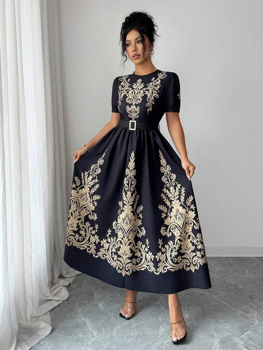 Rafferiza Women Summer Black Gold Retro Floral Pattern Elegant Palace Style Dress,Round Neck Short Sleeve Fitted Waist Full Skirt For Autumn Party Holiday - Black Gold - View 1