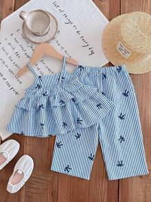 LMoss Kids Baby Girl Cute Summer Bowknot Blue & White Striped Camisole Top And Elastic Waist Pants 2pcs Set - Blue and White - View 2