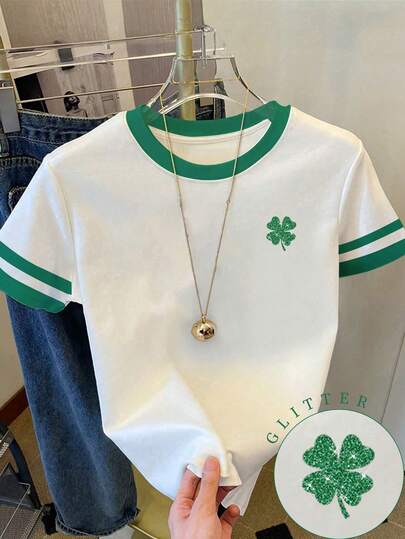 Resyla Women's T-Shirts / Casual And Stylish Women's T-Shirts / Four-Leaf Clover Pattern / Fresh And Natural Style / Versatile And Comfortable Women's Short-Sleeve Tops / Women's Loose-Fitting Casual Color-Blocked Crew Neck T-Shirts / Spring/Summer