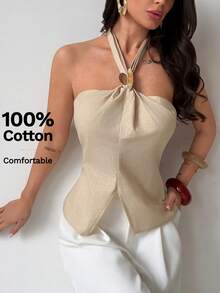 Aloruh Áo kiểu nữ mùa Xuân/Hè thanh lịch, thoải mái, thường ngày, chất liệu cotton lanh, cổ yếm, đính kim loại, xẻ tà, thắt eo. Áo cao cấp cho nữ, áo hở lưng, áo nơ cho nữ, áo thường ngày cho nữ, 100% cotton, áo mùa hè. - Màu be - Xem 5
