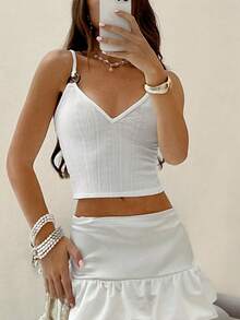 Flirla Women's V-Neck Circular Jacquard Knit White Tank Top, Spring/Summer - White - View 8