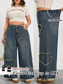 SHEIN CURVE+ 女士大码粉色爱心时尚牛仔裤，适合秋冬季节、圣诞节、新年、春夏等各种场合，包括通勤、度假、毕业季、Y2K风、街头风、派对、婚礼、商务休闲等。这款大码爱心镂空阔腿牛仔裤，轻松打造休闲牛仔风，爱心贴片毛边高腰宽松牛仔裤，Y2K美学牛仔裤，复活节可爱牛仔裤，情人节风格牛仔裤，Y2K复古风街头酷炫牛仔裤，春假穿搭。 - 藍色 - 查看 4