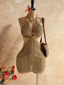 Soleia 女士露背吊带迷你针织度假沙滩裙 - 杏色 - 查看 1