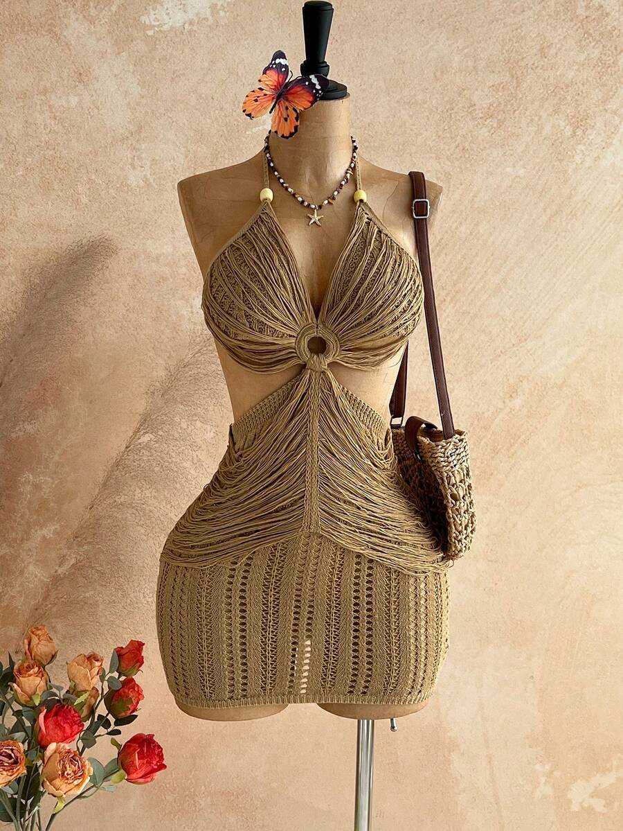 Soleia 女士露背吊带迷你针织度假沙滩裙 - 杏色 - 查看 1