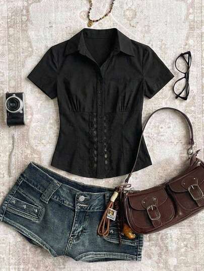 Attitoon Summer Minimalist Vintage Lace Patchwork Solid Color Cotton Fitted Short Sleeve Women Shirt,Spring Women ,Easter ,Going Out Shirt,Black Top ,Suitable For Back To School, Vintage, Sexy, Cute, Y2K, Coconut Girl, Boho, Hippie, Music Festival, Party