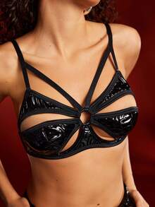 EmpressEnvy Áo ngực nữ bóng bẩy chất liệu PU, cúp 3/4, có gọng, khoét rỗng, họa tiết chắp vá phong cách Punk quyến rũ, thích hợp cho tiệc tùng, quán bar, câu lạc bộ, lễ hội âm nhạc. - màu đen - Xem 6